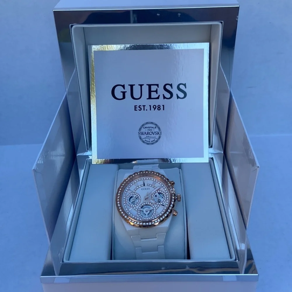 New GUESS Rose Gold-Tone and White Ceramic Multifunction Watch